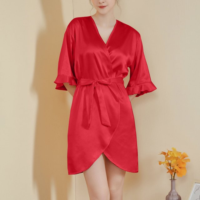RXIRUCGD Ladies' Lotus Leaf Sleeves Cool Feeling Short Style With Belt Home Wear Nightgown( Red, Size:M )
