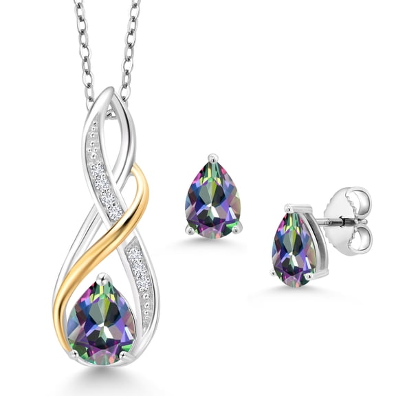 925 Sterling Silver and 10K Yellow Gold Pear Shape Green Mystic Topaz and White Lab Grown Diamond Pendant and Earrings Jewelry Set for Women (3.09 Cttw, Gemstone Birthstone, with 18 inch Chain)