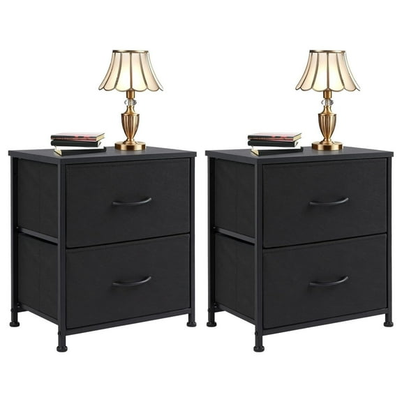 Night Stand Set of 2,2 Drawer Nightstand with Metal Frame and Wood Top,Modern Bedside Table with Fabric Drawers for Living Room (Black) Black1 2pcs