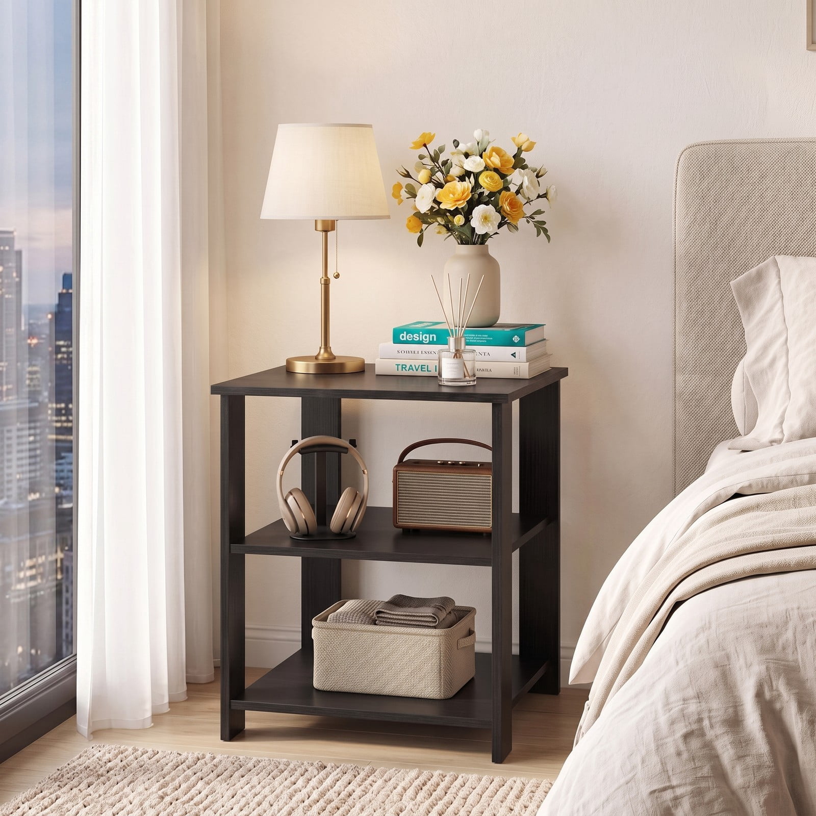 Furnibear 3-Tier Nightstand Square Side Table with Open Storage Shelves, Modern Bedside End Table Sofa Side Table for Bedroom Living Room Small Spaces, Black