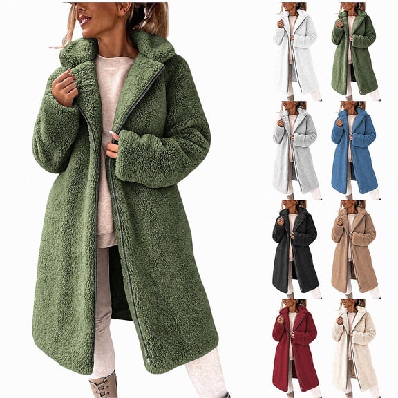 ITSAME Womens Fuzzy Fleece Long Coat Sherpa Lapel Collar Zip Up Winter Warm Comfy Outerwear Army Green Size M