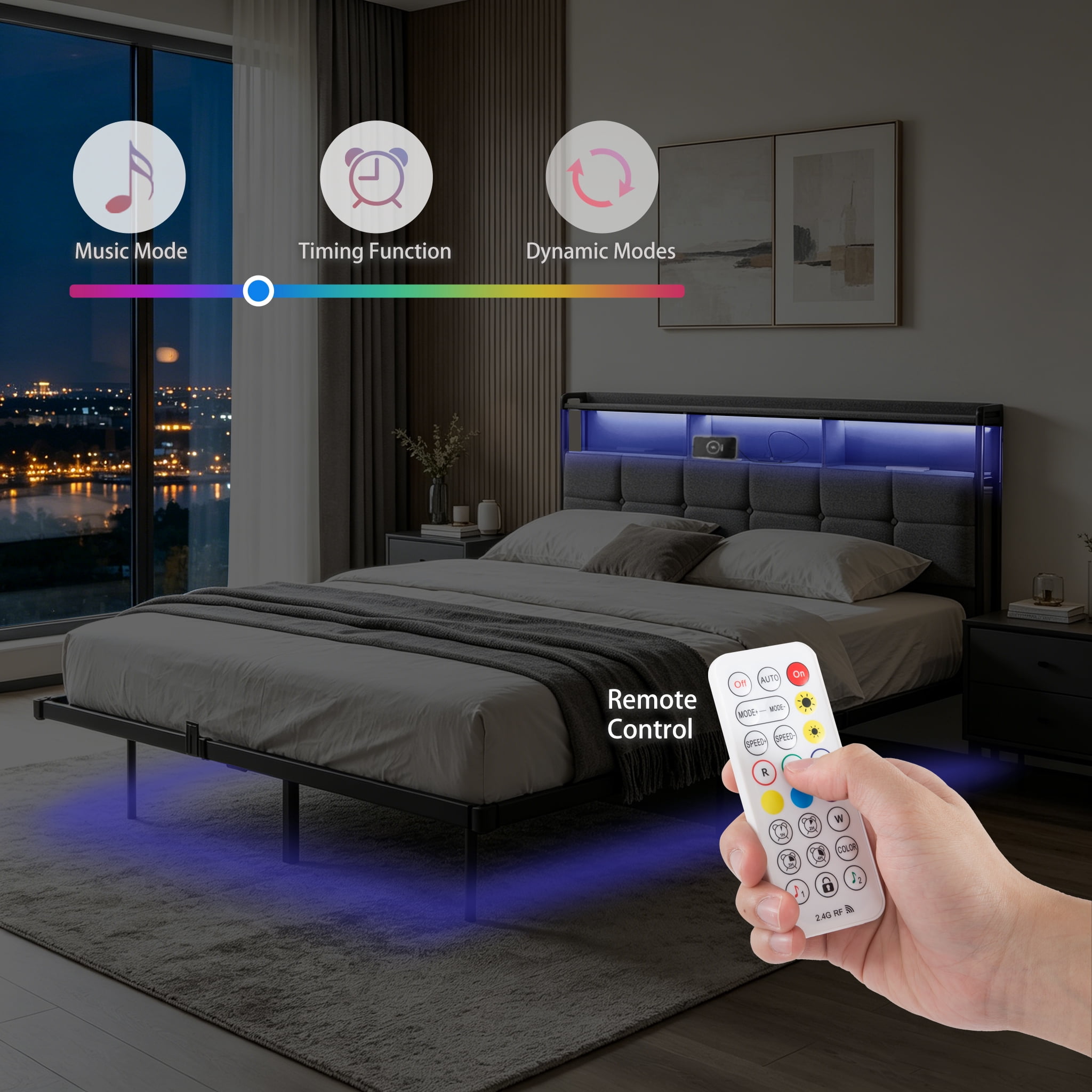 Gewnee Queen Size Bed Frame with RGB LED Lights & Charging Station,Platform Metal Bed Frame with Storage Headboard for Bedroom,No Box Spring Needed.