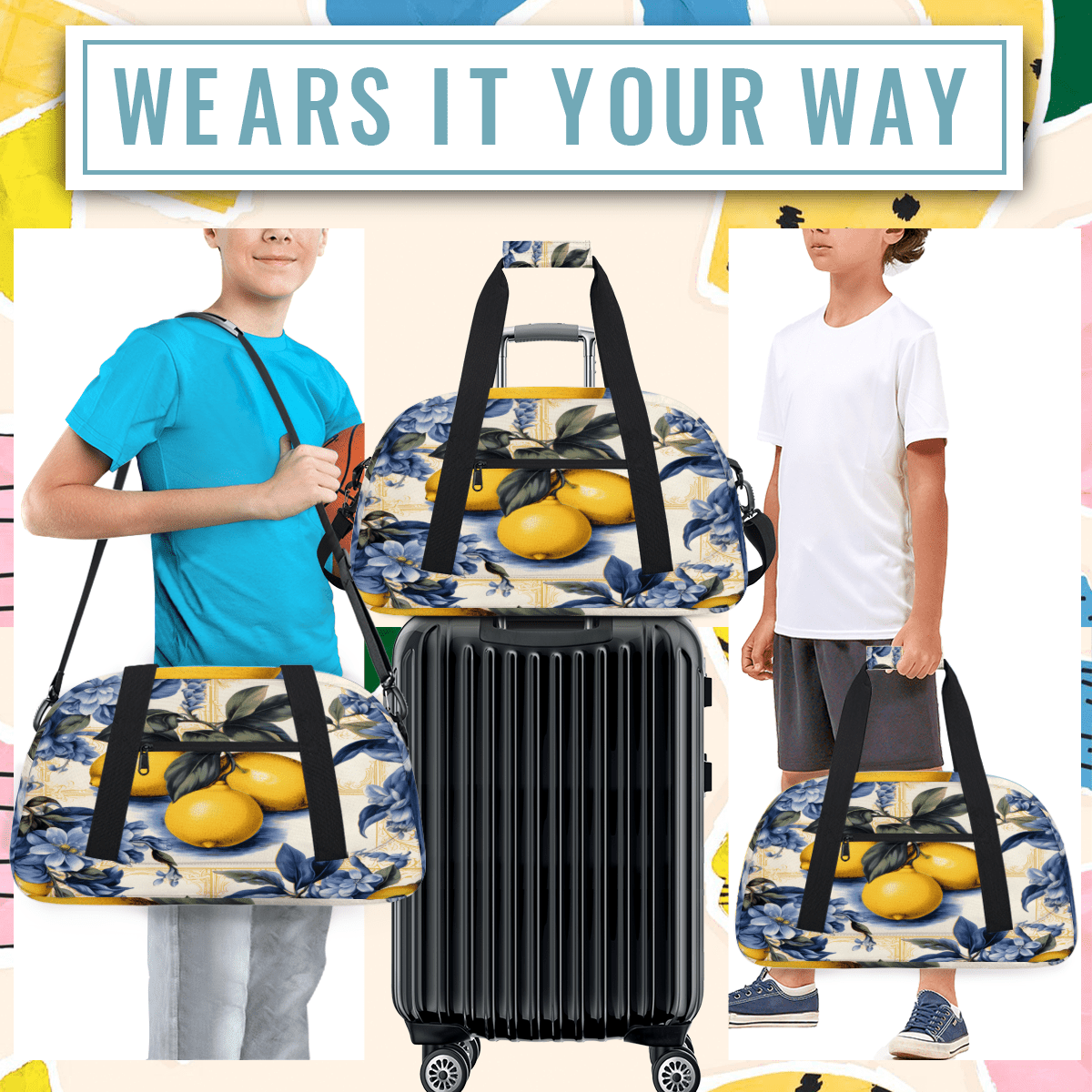 Herdesigns Lemon Sports Duffle Bag for Women & Men, Vintage Lemon Gym Bag Dance Bag Overnight Bag Carry On Weekender Travel Bag
