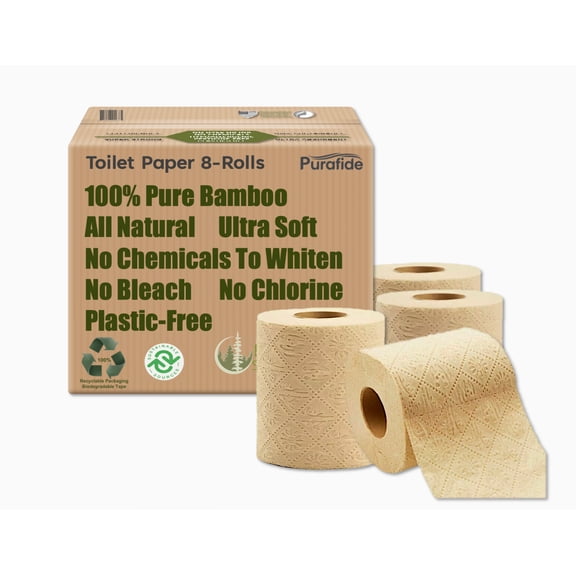 Bamboo Toilet Paper, 100% Pure, All-Natural, Tree-Free, and Chem Free Paper, Extra Thick 3-Ply, 16 GSM Sheets, 8 Large Toilet Paper Rolls, 300 Sheets Per Roll
