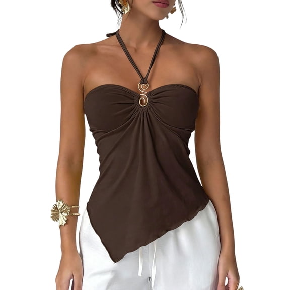 Domzest Womens Asymmetrical Hem Halter Tank Top Slim Fit Blackless Metal Ring Front Ruched Top Summer Tie Up Cami Tank Brown L