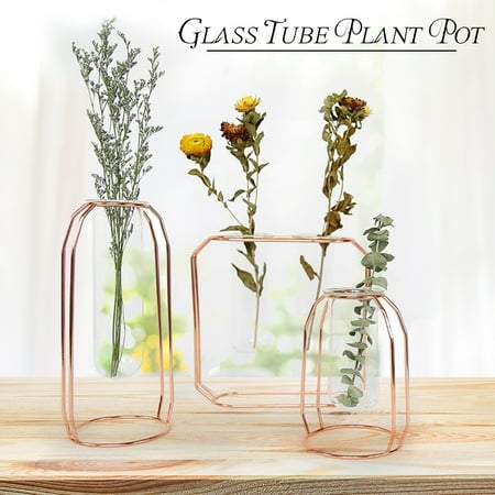 Hanging Glass Tube Vase Plant Pot Metal Stand Flower Bottle Container Hydroponic Wedding Christmas Decor Flower