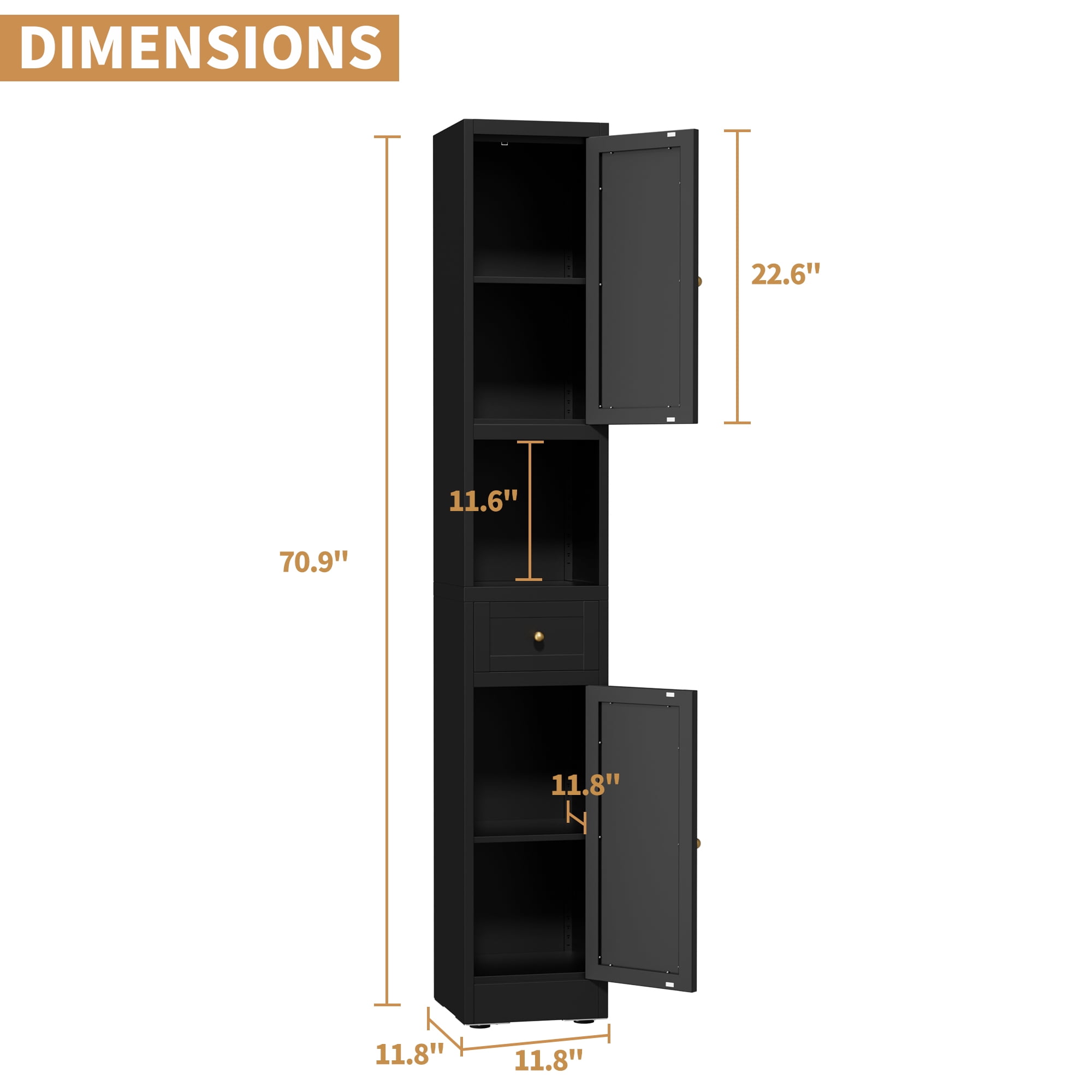 Leumius 71 Inch Tall Bathroom Storage Cabinet,Freestanding 5-Tier Narrow Metal Cabinet with 2 Doors & Adjustable Shelves for Kitchen Living Room Bathroom,Black