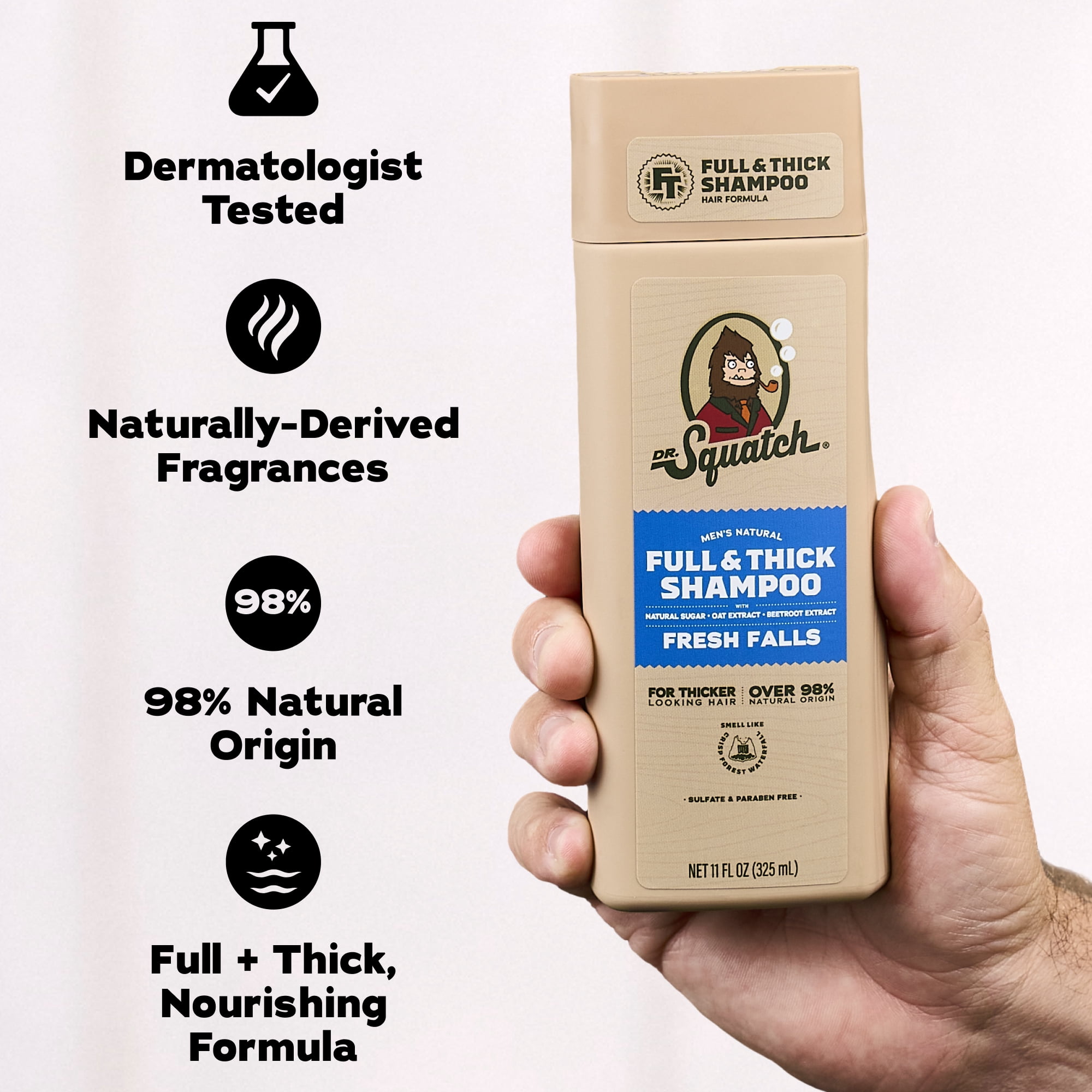 Dr. Squatch Full & Thick Mens Hydrating Shampoo, Thickening Natural Sulfate Free Shampoo for Men, Fresh Falls, 11 fl oz