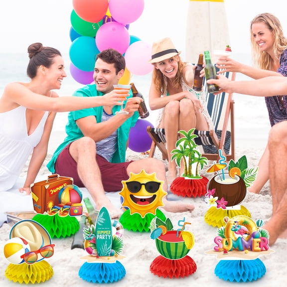 9pcs Summer Party Decorations, Beach Summer Honeycomb Centerpiece & Beach Party Centerpiece Decorations for Summer Beach Party Supplies