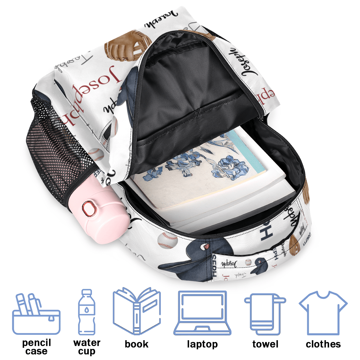 Jiaoprinted Custom Baseball Bat Cup Ball Backpack with Name, Personalized Lightweight Casual Daypack for Women Men, Customized 18 Inch Travel Back Pack