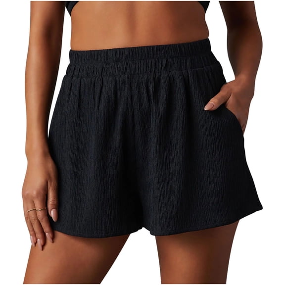 CheerKidz Women's Summer Loose Woven Three-quarter Shorts Elastic Waist Light Elastic Sports Comfy High Waisted Beach Shorts Casual Pants(Black,XL)