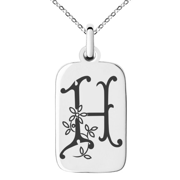 Stainless Steel Letter H Initial Floral Monogram Engraved Small Rectangle Dog Tag Charm Pendant Necklace