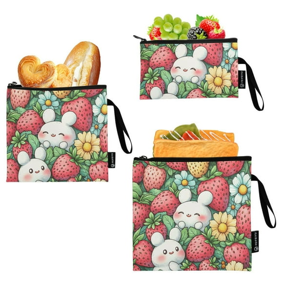 Haosy 3 Pack Reusable Ziploc Bags BPA Free Healthy Food Storage Bag Leakproof Sandwich Snack Freezer Bags Cute Bunny and Strawberry