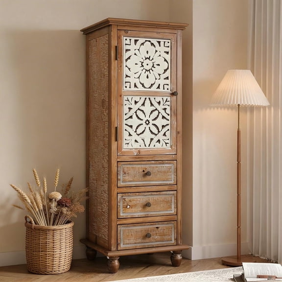 54'' Tall Storage Cabinet with Drawers, Farmhouse Accent Cabinet with Carved Doors, Narrow Sideboard Buffet Cabinet, Vintage Entryway Storage Cabinet