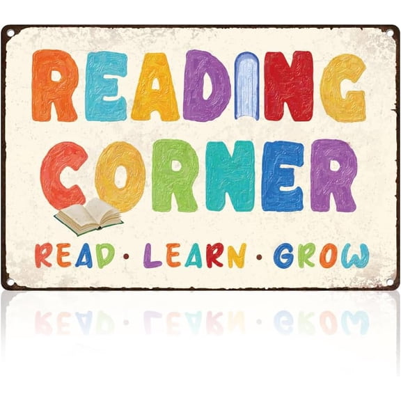 Rainbow Reading Corner Tin Sign Retro Metal Wall Decor 8" x 12" Read Learn Grow Vintage Wall Art Poster for Home Library Kindergarten Nursery Cafe Room Man Cave Garage Decor Gift