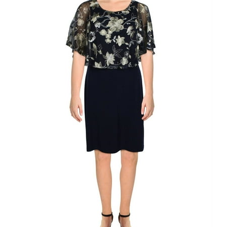 Connected Apparel Womens Petites Cape Overlay Embroidered Formal Dress Navy 4P