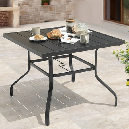 NUU GARDEN 37  Outdoor Patio Table  4 Person Steel Slat Square Dining Table with 1.57  Umbrella Hole  Slatted Top and Powder Coated Iron Frame  Black