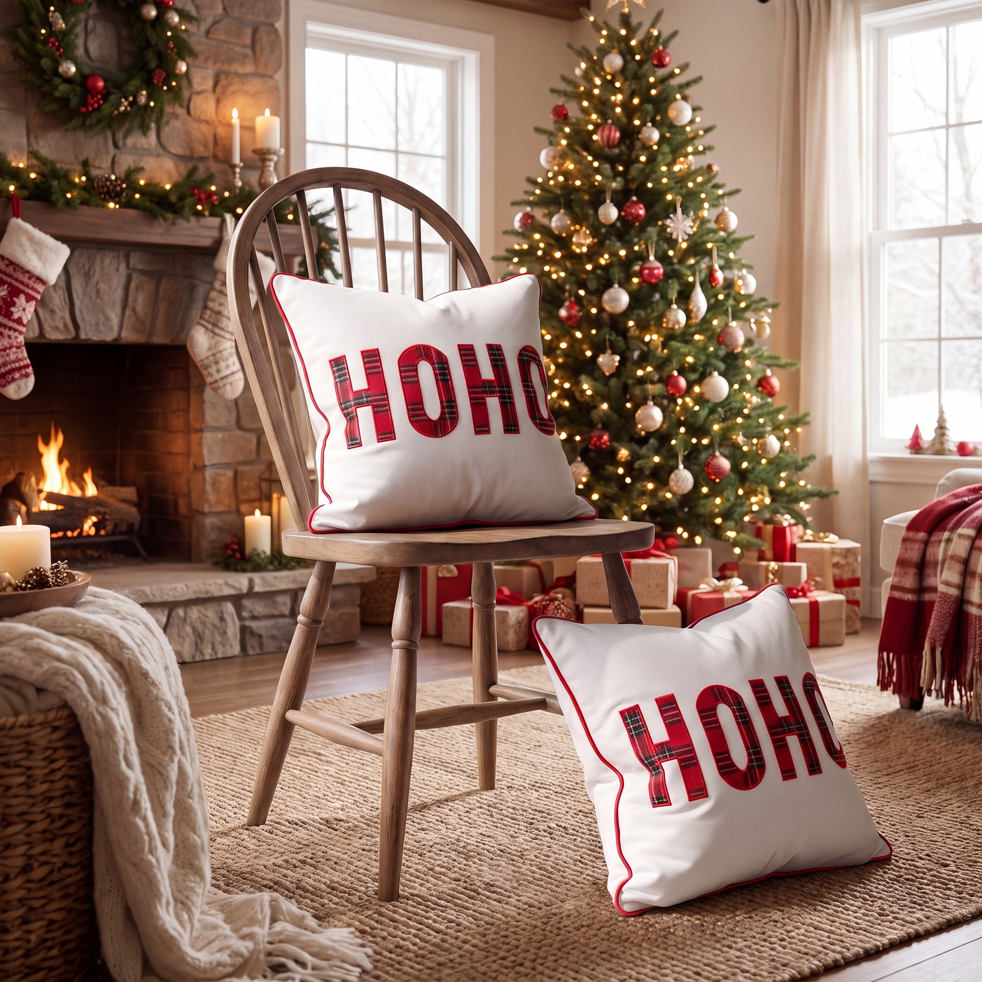 Unique Bargains 2 Pack Throw Pillow Covers Tartan Cushion Cases Red Plaid HoHoHo 18"x18"