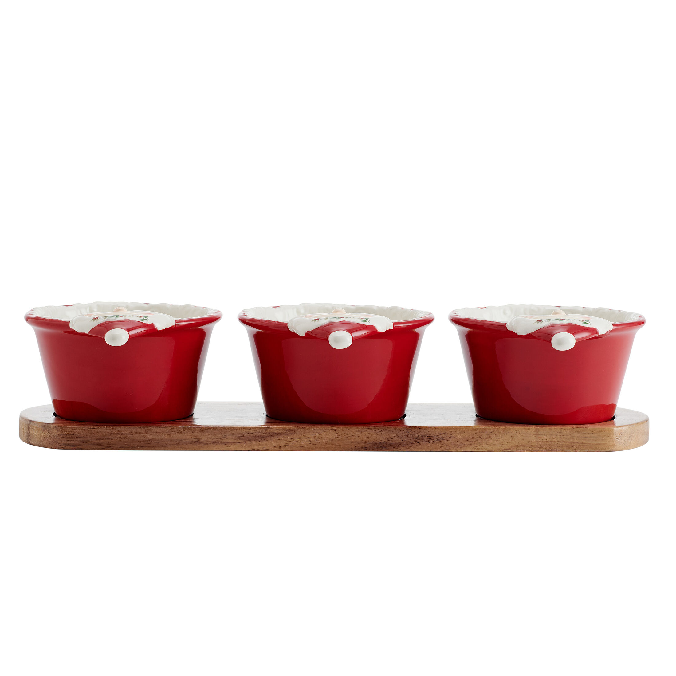 Pfaltzgraff Winterberry 3 Santa Dip Bowls with Wood Base