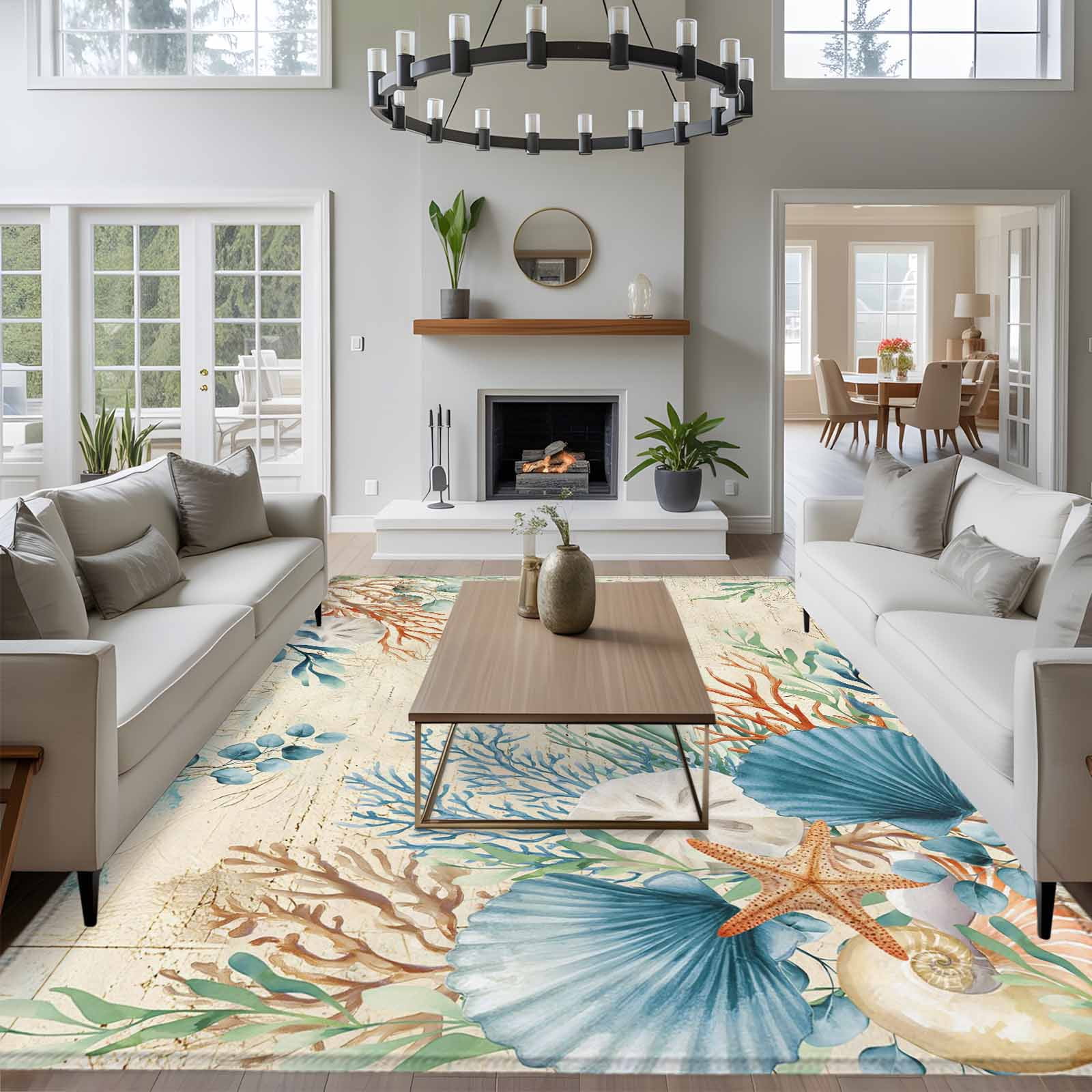 5'x7' Area Rugs for Living Room Bedroom, Beige Beach Coastal Washable Rug Carpet Runner Indoor Outdoor, Summer Nautical Coral Shell Botanical Non Slip Floor Mats Area Rug for Kitchen, Nursery