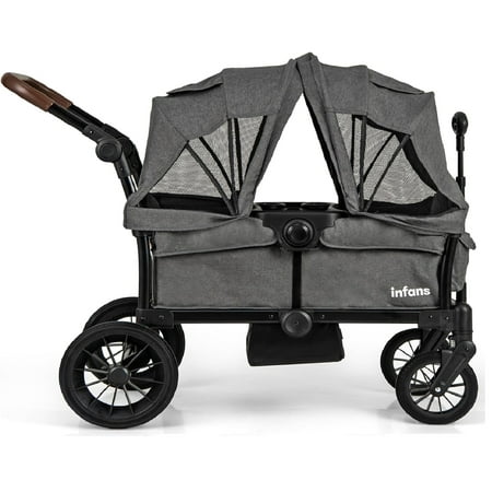 OLAKIDS Wagon Stroller for 2 Kids, Collapsible Adjustable Push Pull Handle Bar, 2 Seater Stroller Wagon with Removable Canopy Snack Tray, Comfortable Drop-Down footwell and Upholstered Seats