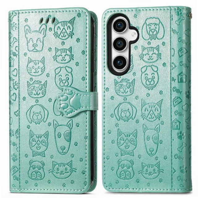 Funda Cartera FOXDOCK para Samsung Galaxy S23FE , Flip PU con Relieve de Gatos y Perros, Tarjetero y Soporte