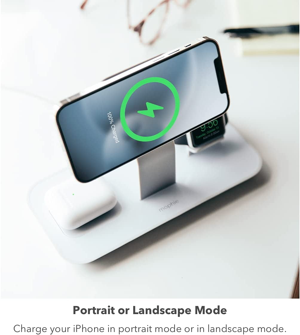 mophie 3-in-1 Magsafe Wireless Charging Stand for Apple iPhone AirPods/AirPods Pro & Watch 15W Super-Fast Charging Stylish Gloss Finish - White (MagSafe charger not included)