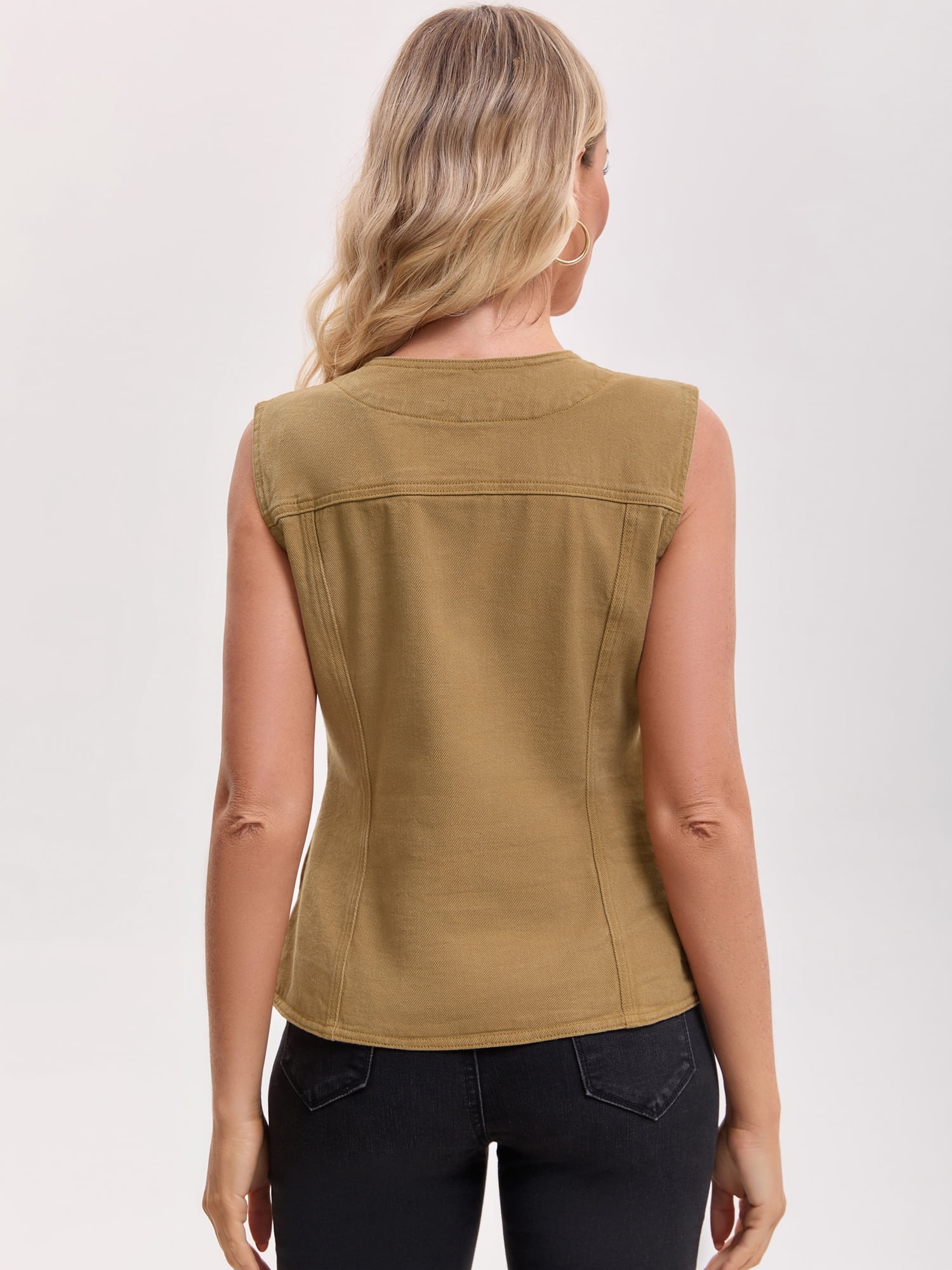 DARING DIVA Women's V Neck Patch Pockets Button Down Sleeveless Jacket 2XL Light Brown