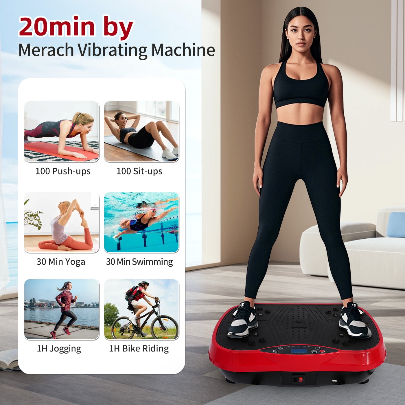 RICAN Vibration Plate Exercise Machine, Vibrating Board, Full Body Workout Platform with Loop Bands & Remote Control for Weight Loss Fat Burner, Red