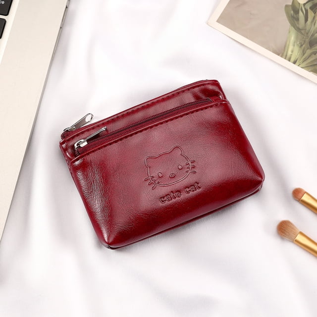 Oil-waxed leather coin purse, business card holder, cardholder, creative and simple zipper driver's license holder, bus card holder, mini key pouch, cat-themed red.