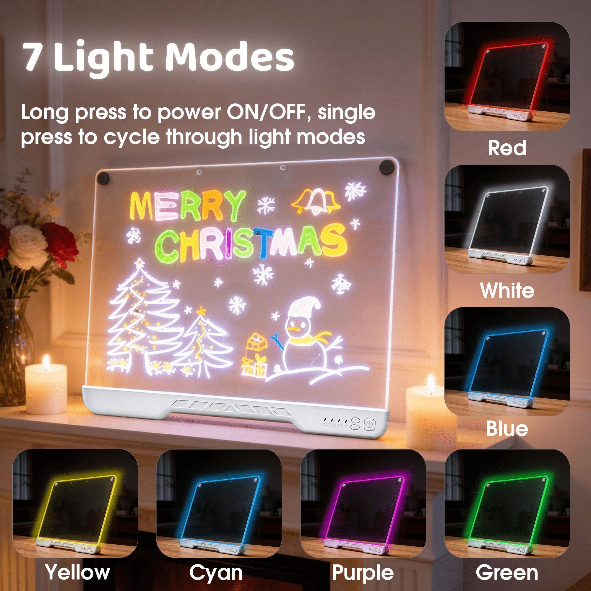 LED Light Up Drawing Board Erasable Acrylic Message Board, 7 Color Light Modes Rechargeable Glow Writing Board with Markers, Stand & Hanging Kit for Kids Holiday Decor Bar Sign