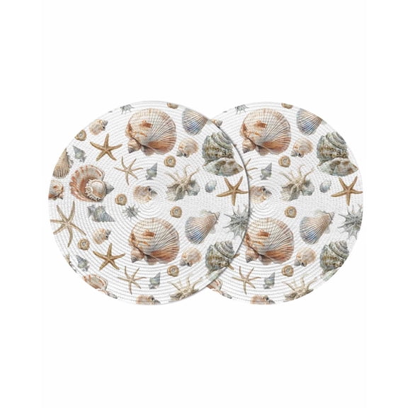 Seashell Coastal Round Placemats Set of 2 for Dinning Tables,Heat-proof Braided Table Mats 13 Inch,Summer Beach Ocean Starfish Watercolor Washable Place Mat for Kitchen Restaurant Party Table Decor