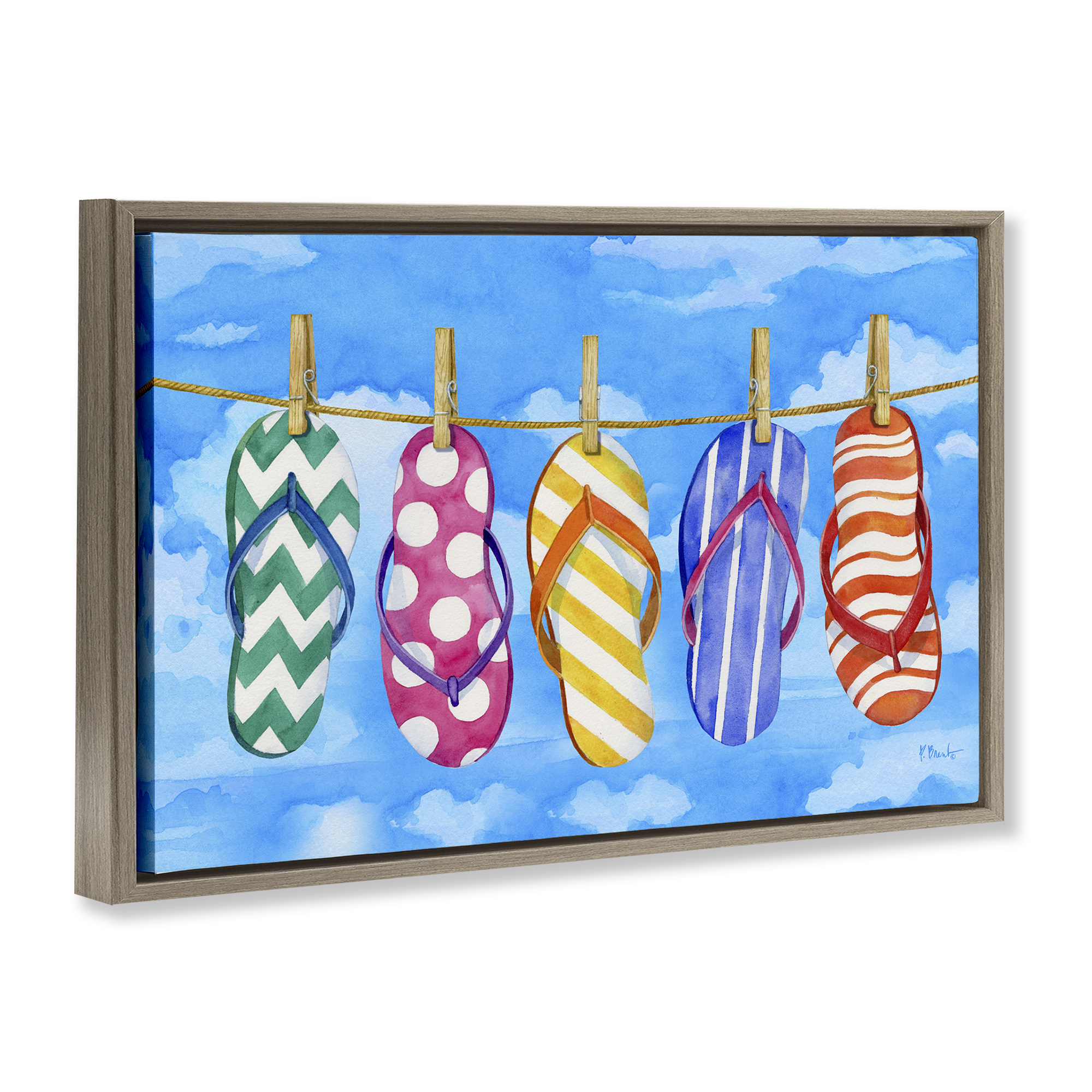 Stupell Industries Flip Flops on Clothesline Beauty & Fashion Painting Brown Floater Framed Canvas Art Print Wall Art, 25 x 17