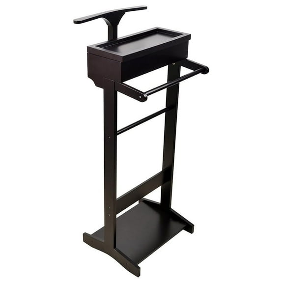 Suit Valet Stand - Black Wood Clothes Rack for Men - Father's Day Gift - Integrated Shirt Hanger & Shoe Rack - Bedroom & Entryway Organizer