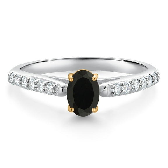 Gem Stone King 10K White and Yellow Gold Black Onyx and White Lab Grown Diamond Engagement Ring for Women (0.58 Cttw, Oval 6X4MM, Gemstone December Birthstone, Size 7)
