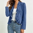 thumbnail image 4 of Oksale Women's Ruffled Denim Jackets Trendy Open Front Crop Cardigan Cozy Long Sleeve Jean Jacket Fall Going Out Tops Dark Blue M, 4 of 9