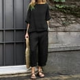 thumbnail image 3 of Cuhas.CA Ensembles d'Été pour Femmes Femmes Col Ras du Cou Couleur Unie Décontracté Coton Lin Haut à Manches 3/4 et Ensemble Pantalon Survêtement pour Femmes, TG, 3 of 8