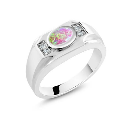 Pink Tourmaline Mens Ring - 1.21 Ct Oval Cabochon Pink Simulated Opal White Topaz 925 Silver Men's Ring