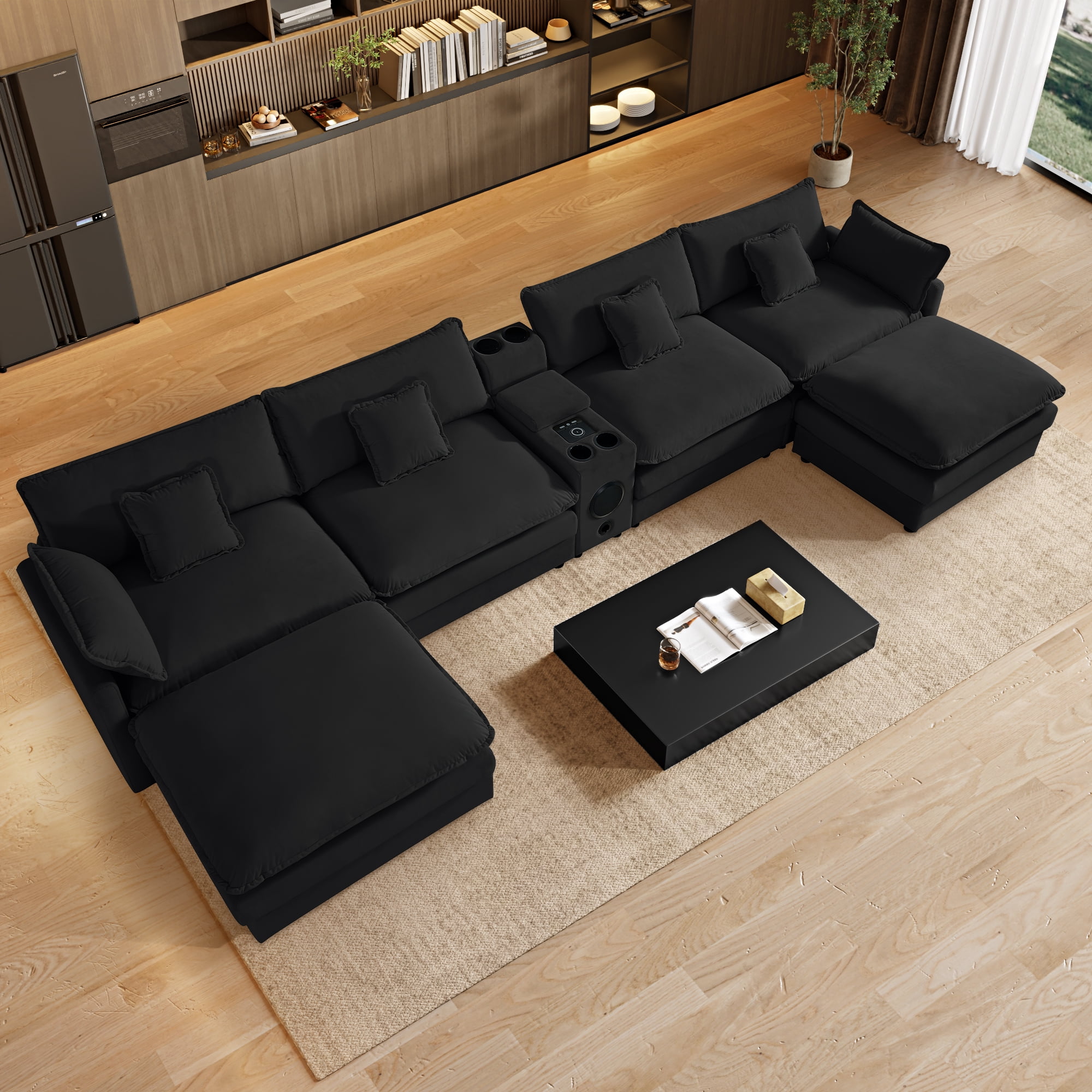 Wiilayok 163.2" U Shaped Sectional Sofa,Velvet Cloud Modular Sectional Sofa Couch Set with Double Chaise,Central Console,Cup Holder for Living Room,Black