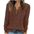 thumbnail image 4 of Womens Tops Long Sleeve Stripe Brushed Solid Color V-Neck Button Solid Top,Tops for Women Coffee M, 4 of 5