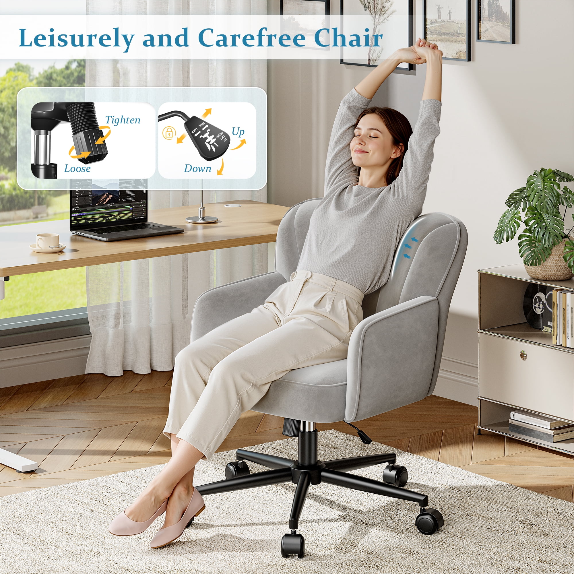 Romorgniz Vanity Chair with Wheels & Back Desk Chair Adjustable Height for Makeup, Work & Relaxation, Gray