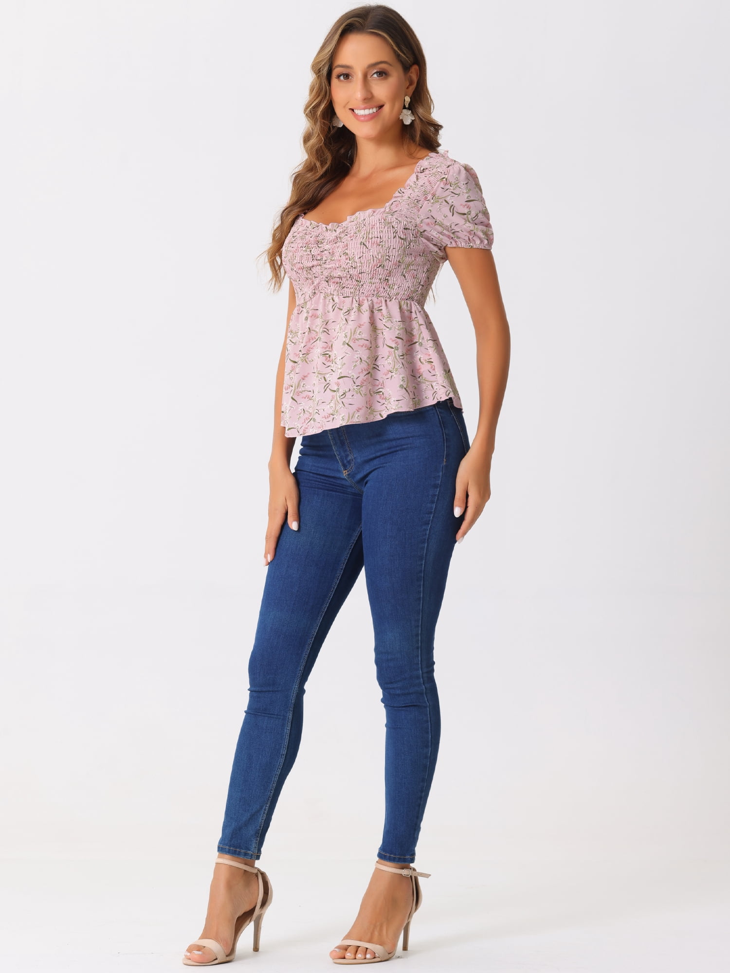 DARING DIVA Women's Floral Neck Ruffle Peasant Top Blouse XS Pink