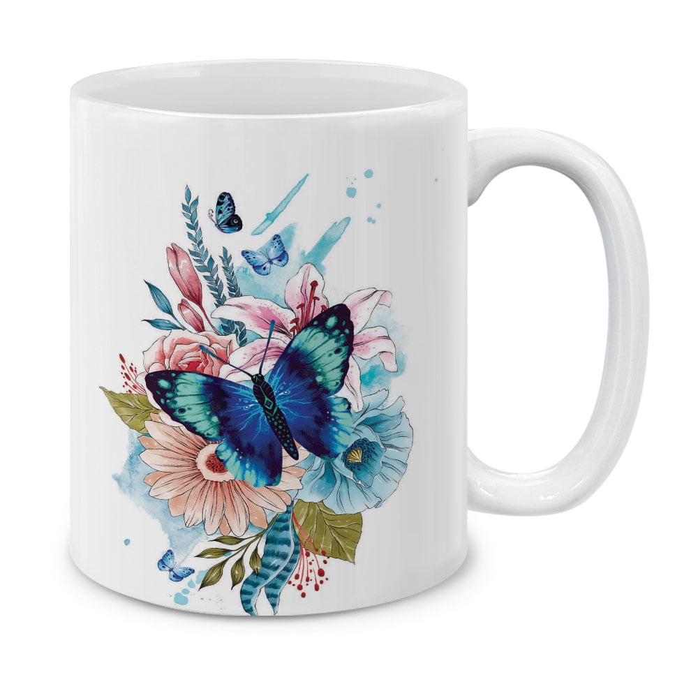MUGBREW 11 Oz Ceramic Tea Cup Coffee Mug, Blue Butterfly Flower