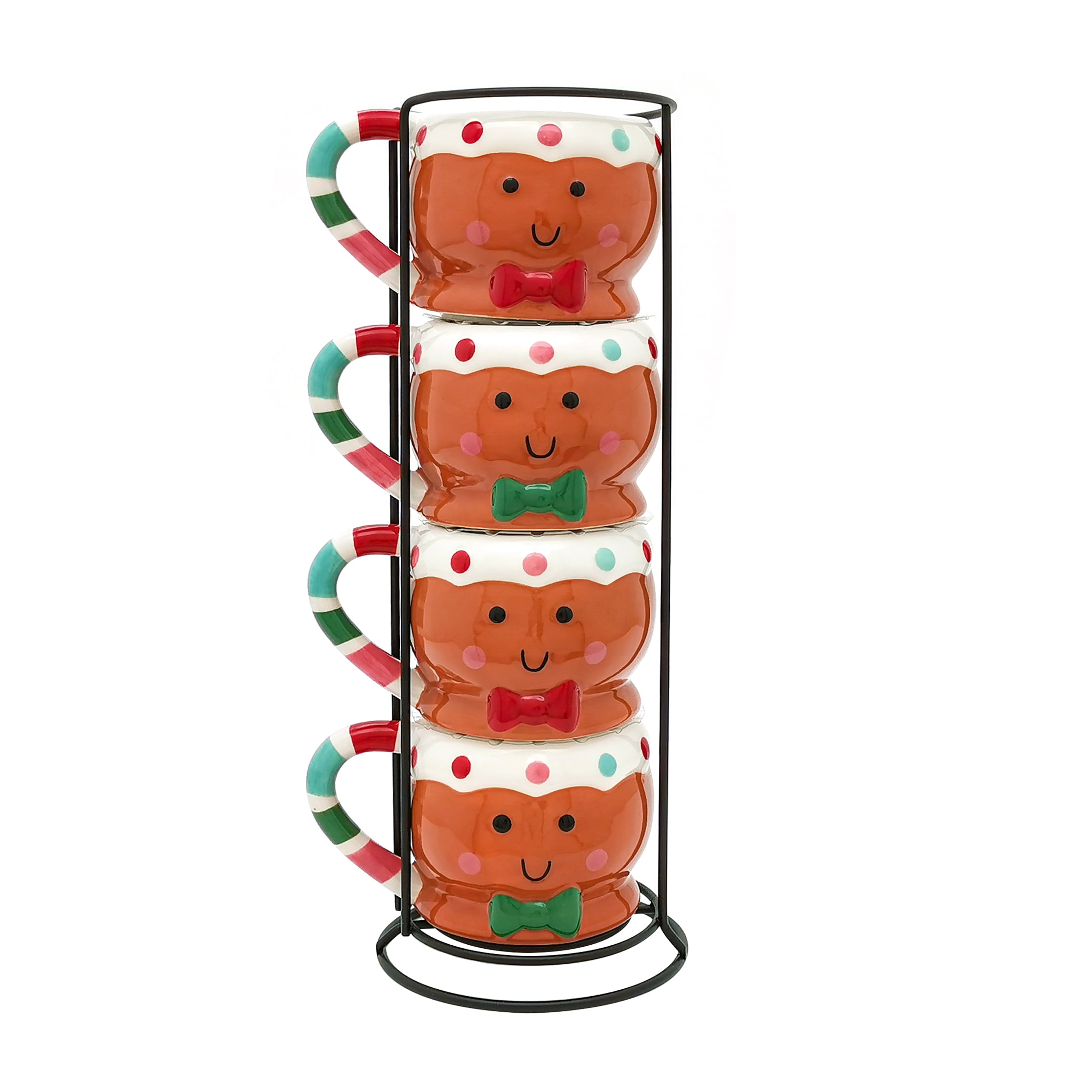 Holiday Time Gingerbread Man Mug Stack, 13.25" H, 13 fl oz capacity, Brown Stoneware