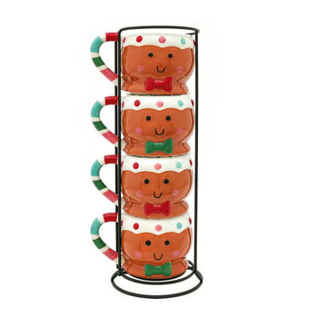 Holiday Time Gingerbread Man Mug Stack, 13.25" H, 13 fl oz capacity, Brown Stoneware