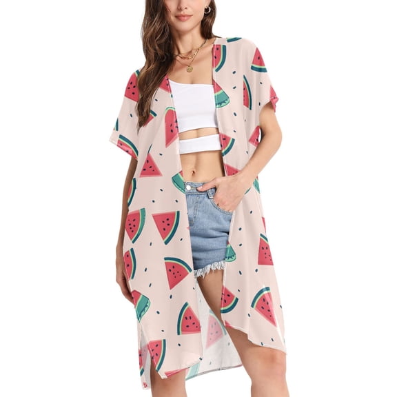 joogoo Women's Watermelons Fruits Beach Cover Up Kimono Swimsuit Summer Cardigan Swimwear S