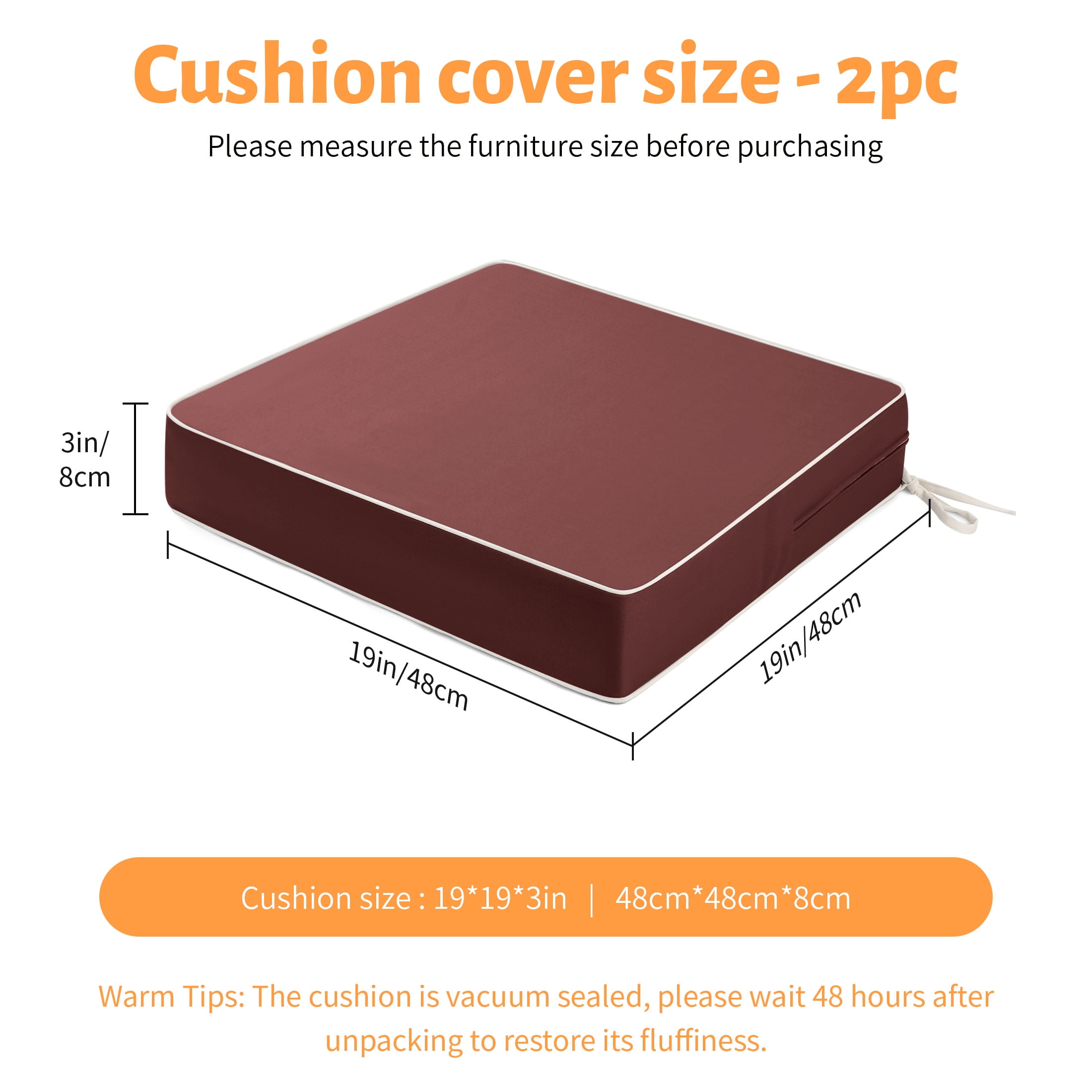 ROFIELTY 2-Pack Outdoor Chair Cushions 19x19, Waterproof & UV Resistant Patio Seat Pads with Removable Washable Cover, 3 Inch Thick All-Weather Cushions for Wicker Furniture, Burgundy Red