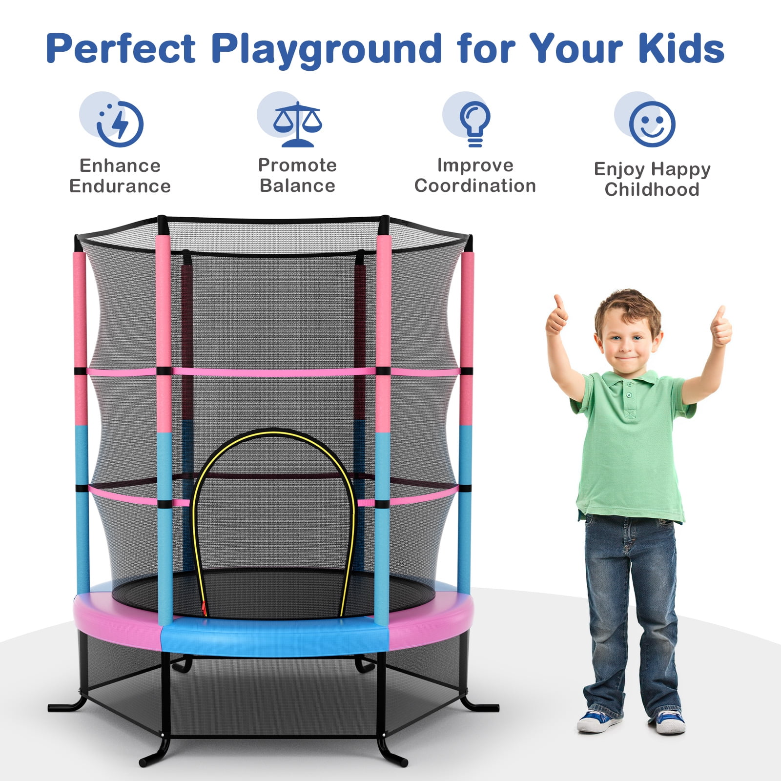 Gymax 55'' Trampoline for Kids Toddler Recreational Trampoline w/ Safety Enclosure Multicolor