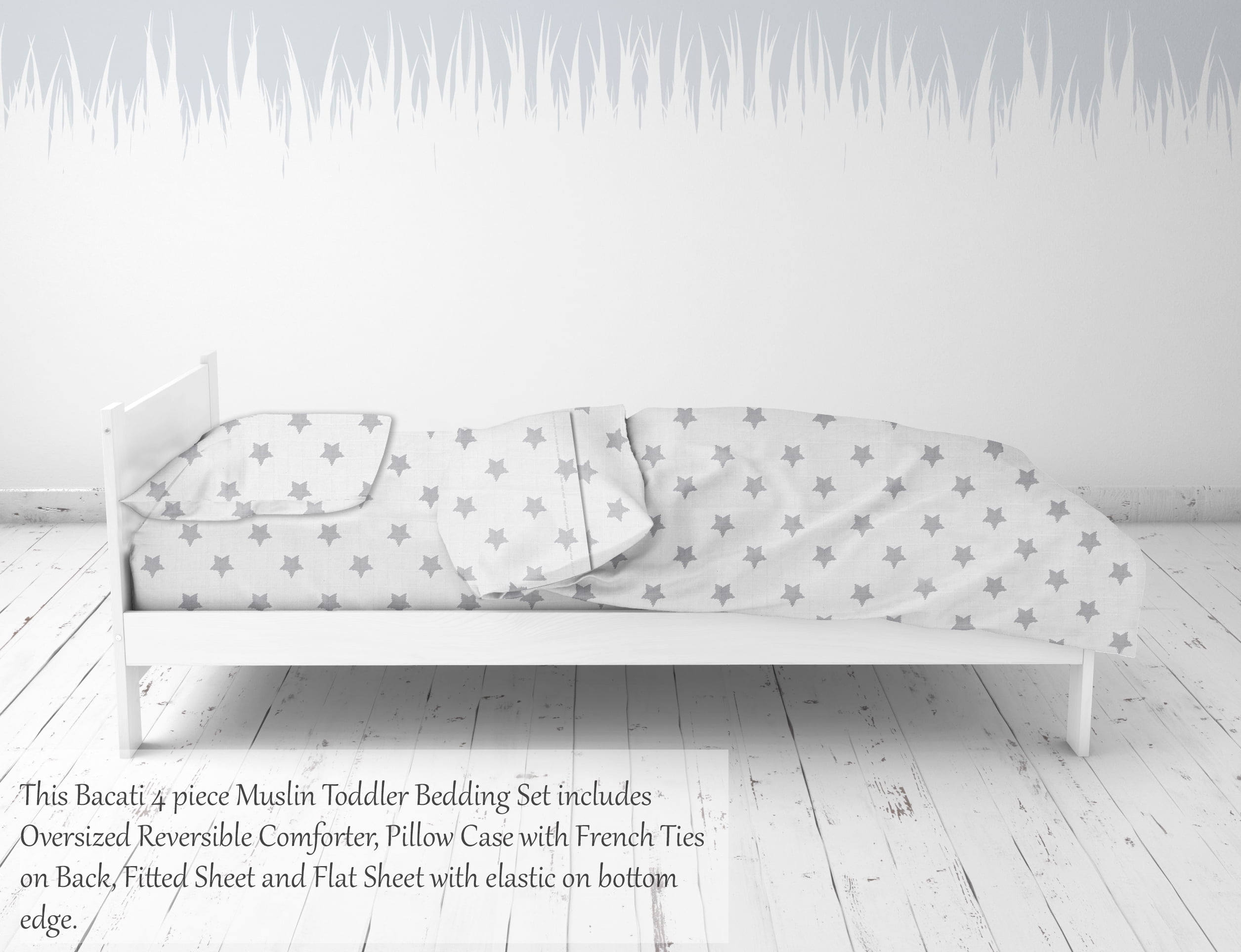 Bacati - Stars 100% Cotton breathable Muslin 3-Piece Toddler Bedding Sheet Set, Grey