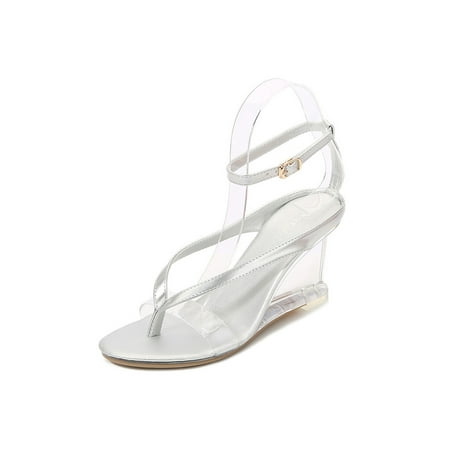 

Eloshman Ladies Casual Thick Sole Thong Shoes Wedding Anti Slip Crystal Wedges Dress Sandal Summer Lightweight Buckle